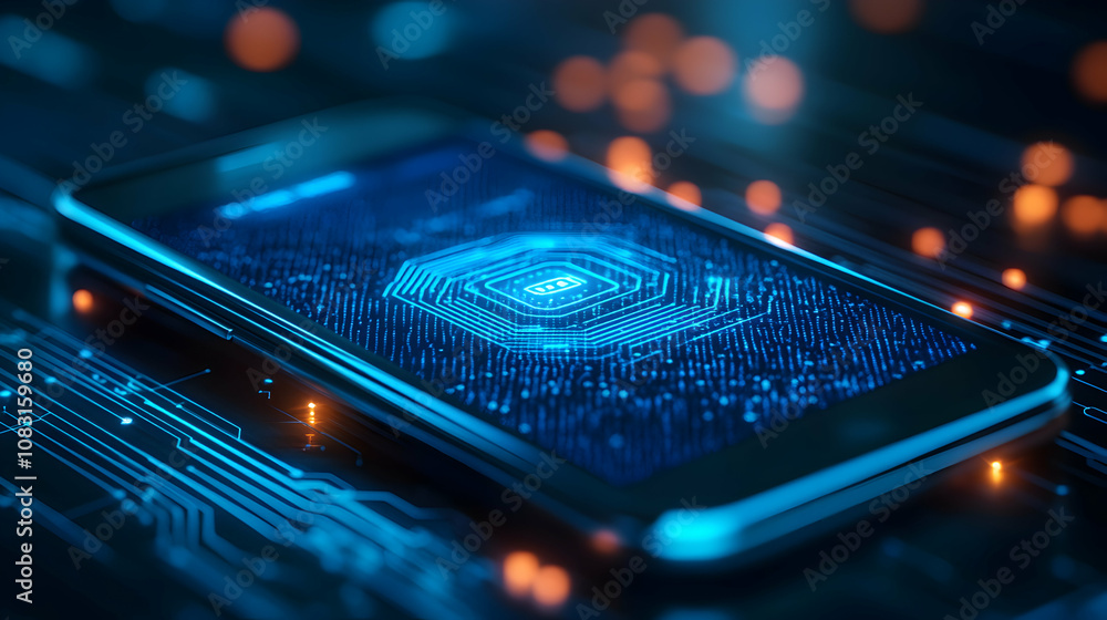Poster 3d digital illustration of smartphone screen displays abstract circuitry with data encryption, futur