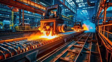 Fototapeta premium A metal smelting industry that operates at maximum heat levels, efficiently melting and refining metals for production. The process ensures high-quality results with precision and durability.