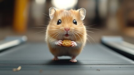 Fototapeta premium A hamster on a treadmill, with its tiny legs moving rapidly while holding a snack, pretending to work out hard.