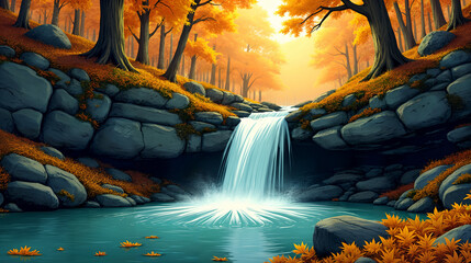 Fototapeta premium A Picturesque View of a Small Waterfall Encircled by the Golden Leaves of Autumn in a Tranquil Forest