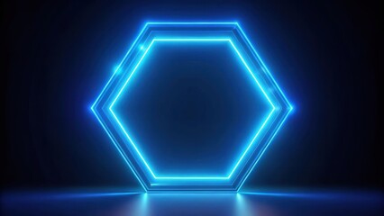 A futuristic glowing blue hexagon with an illuminated border and reflections on a dark background