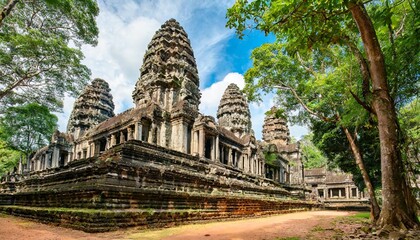 Naklejka premium The Ancient Temples of Angkor Wat in Cambodia, Surrounded by Dense Jungle and Intricate Stone Carvings, a Testament to the Rich Cultural and Religious Heritage of Southeast Asia