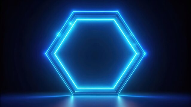 A futuristic glowing blue hexagon with an illuminated border and reflections on a dark background