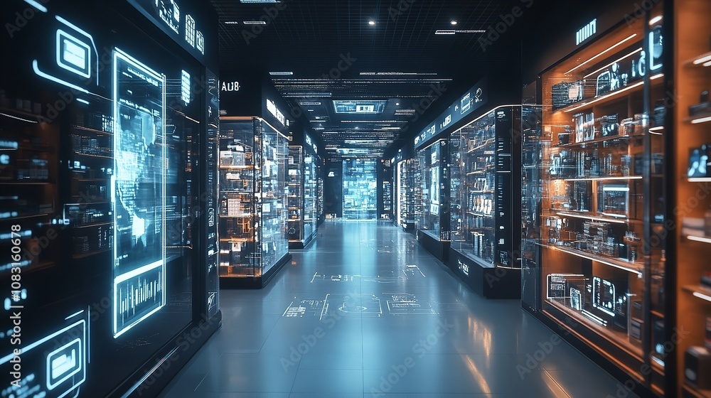 Poster futuristic warehouse with advanced digital logistics system with artificial intelligence.