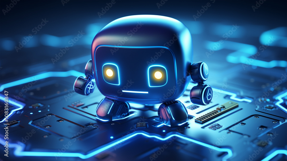 Poster 3d render of a cute robot icon on a circuit board, with glowing light and neon color effects on a da