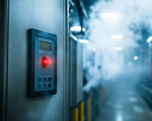 Smoke billows in factory near fire alarm control panel, creating tense atmosphere. red light indicates potential emergency situation