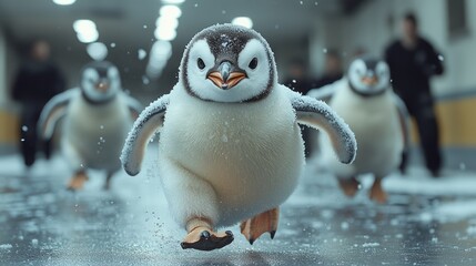 A penguin sliding across the gym floor while attempting to do lunges, with other gym-goers laughing at its slippery moves