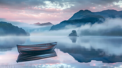 A boat on a misty lake at dawn surrounded by mountains. Sunset or sunrise. Soft pink hues.