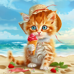 Red cat wearing a straw hat holding ice cream by the river shore. Calendar card. June.