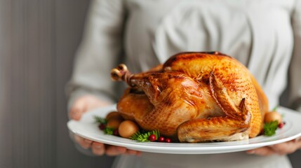 Woman holding a roasted turkey on a white platter decorated with cranberries and greenery.
