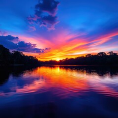 Obraz premium A vibrant sunset reflects on tranquil waters, creating a picturesque scene filled with brilliant colors and serene beauty.