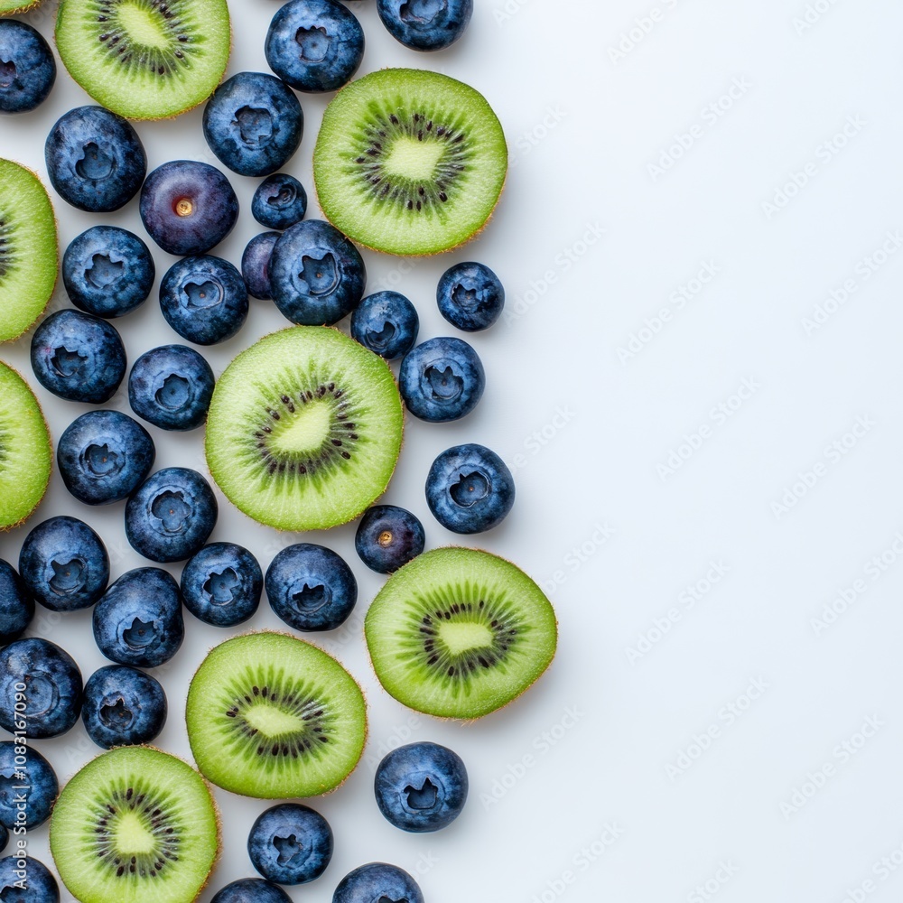 Poster close-up macro shot of blueberries and fresh kiwi slices on a white background with ample copy space