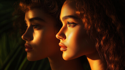 Fototapeta premium Side portraits of women with different hair textures, warm earthy lighting