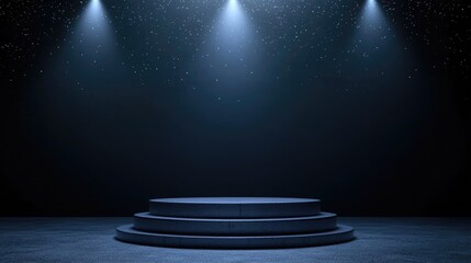 Obraz premium Three-Tiered Circular Pedestal Illuminated by Spotlights in a Dark Room with Glittering Dust