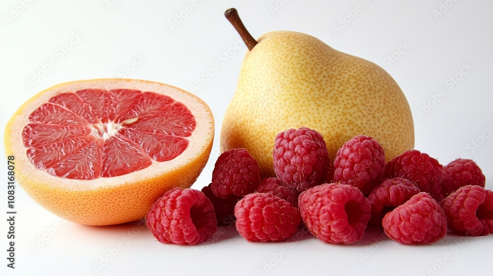 Poster detailed, crisp shot of a grapefruit segment and a heap of raspberries beside a sliced pear on a whi