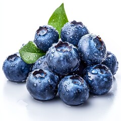 High-resolution macro photo of a ripe blueberry bunch with water droplets, isolated on a white background to showcase the freshness
