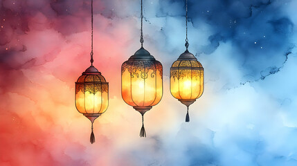Obraz premium Watercolor Illustration of Three Hanging Lanterns