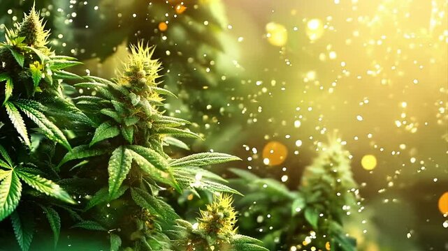 Marijuana plants with dank buds in front of dazzling Christmas lights. For cannabis store Christmas promotion.