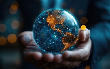 Fototapeta premium Global responsibility: hand holding globe symbolizes humanity connection to Earth, vital role of digital tools in promoting environmental awareness, unity, cooperation for planetary preservation.