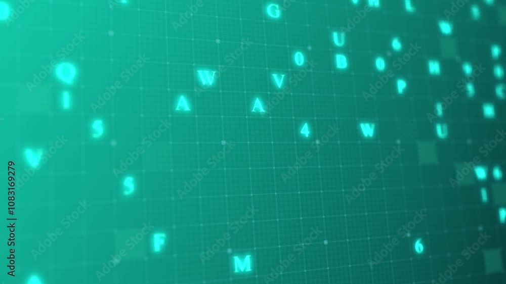 Poster teal glowing letters and numbers matrix abstract background, horizontal composition. technology back