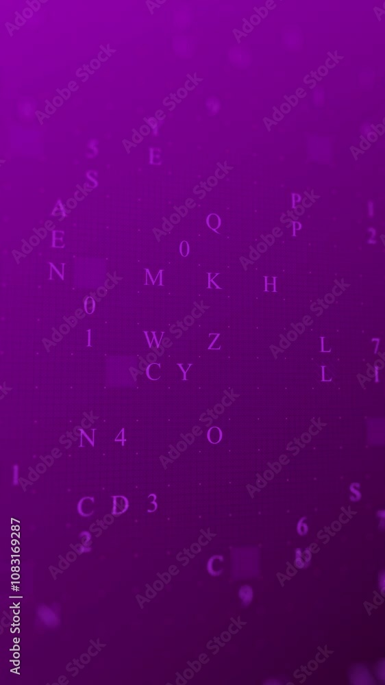 Poster purple glowing letters and numbers matrix abstract background, vertical composition. technology back
