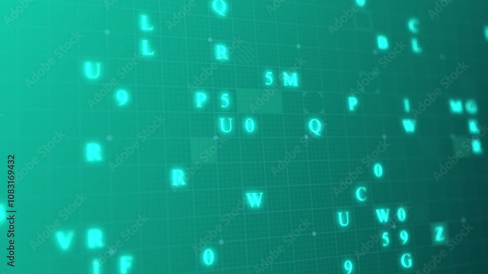 Poster teal glowing letters and numbers matrix abstract background, horizontal composition. technology back