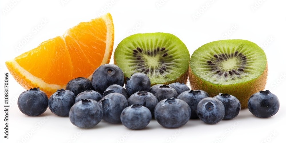 Poster minimalist shot of a kiwi slice with fresh blueberries and a segment of orange on a white background