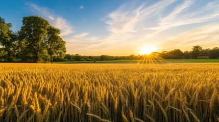 Naklejka premium A golden wheat field under a vibrant sunset, surrounded by trees and a clear sky, embodying tranquility and natural beauty.