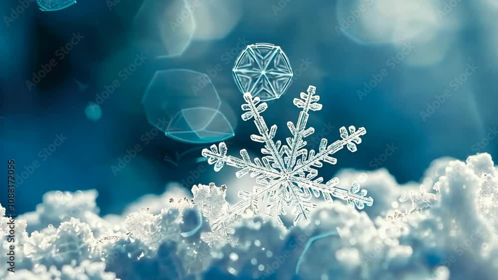 Poster extreme close-up of a unique snowflake with shallow depth of field.