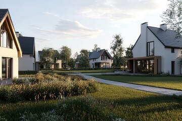 Obraz premium Tranquil Suburban Neighborhood Featuring Modern Homes and Lush Green Landscaping During the Golden Hour