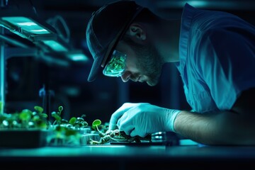 A focused scientist examines delicate plants under blue lights in a lab setting, illustrating the intersection of science and nature.