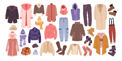 Winter clothes and shoes for fashion outfits set. Cold season wardrobe collection with casual wear for men and women, coat and scarf, wool hat and sweater, boots and socks cartoon vector illustration