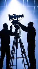 Fototapeta premium Two silhouettes adjust a camera on a tripod under dramatic lighting, capturing a moment in the world of film production.