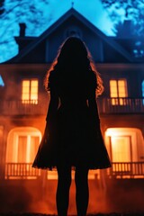 A silhouette of a person standing before a glowing, eerie house surrounded by mist, evoking a mysterious and haunting atmosphere.