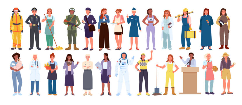 Young female characters with various professional occupation, front portraits of happy smiling girls workers in uniform cartoon vector illustration. Women of different professions and career