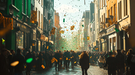 Fototapeta premium Crowd celebrating Saint Patrick's Day with colorful confetti in a bustling city street