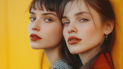 Obraz premium Stylish portrait of women with contrasting hairstyles, bright and minimalistic background
