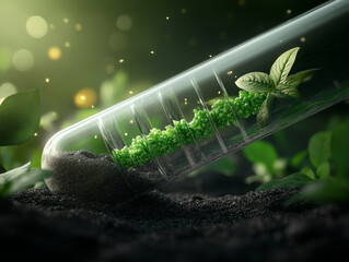 Fototapeta premium close up of test tube containing genetically modified green plants, showcasing innovation in biotechnology. vibrant greens contrast beautifully with dark soil, creating captivating scene