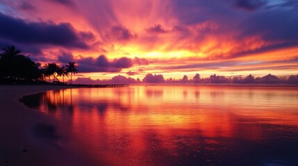Obraz premium A stunning sunset over a tranquil beach, with vibrant colors reflecting on the calm water and silhouetted palm trees framing the scene.