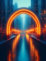 Fototapeta premium Futuristic city canal with glowing orange arch.