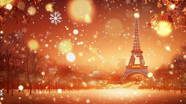 Paris themed Christmas background of snow falling against a backdrop of the Eiffel tower.
