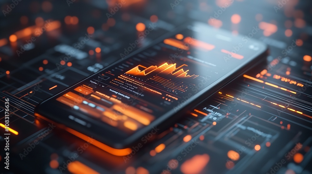 Poster closeup of a smartphone display with code and orange lights