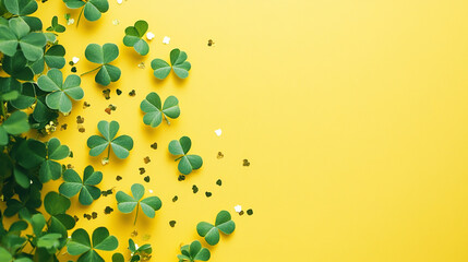 Green clovers and gold confetti on a bright yellow background for St. Patrick's Day!