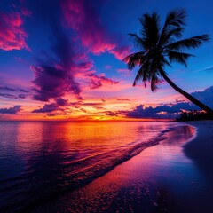 A stunning sunset over a tranquil beach, featuring vibrant colors and a lone palm tree silhouetted against the colorful sky.