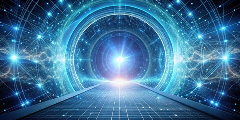 Fototapeta premium A futuristic digital portal with glowing lines and a bright light source in the center, suggesting a gateway to an unknown digital realm.