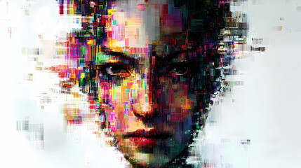 Exploring the unique aesthetics of pixelated glitch art in modern face recognition technology. Glitch. Illustration
