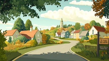 picturesque village scene featuring charming houses, lush greenery, and winding road. landscape is vibrant with autumn colors, creating serene and inviting atmosphere