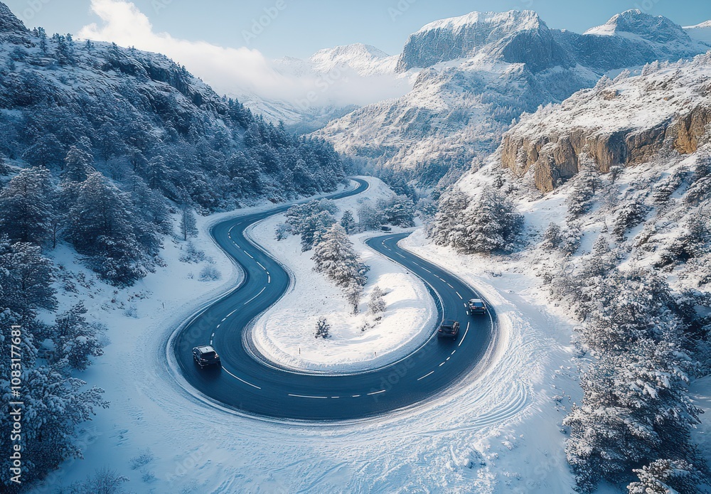 Poster here's a possible and keyword list for your stock photo.. winding snowy mountain road.
