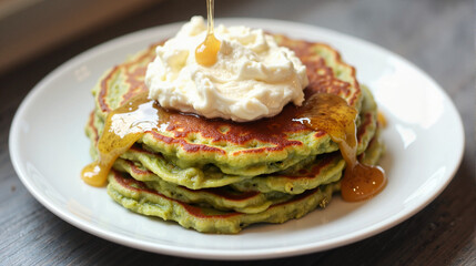 Matcha pancakes with whipped cream and honey drizzle
