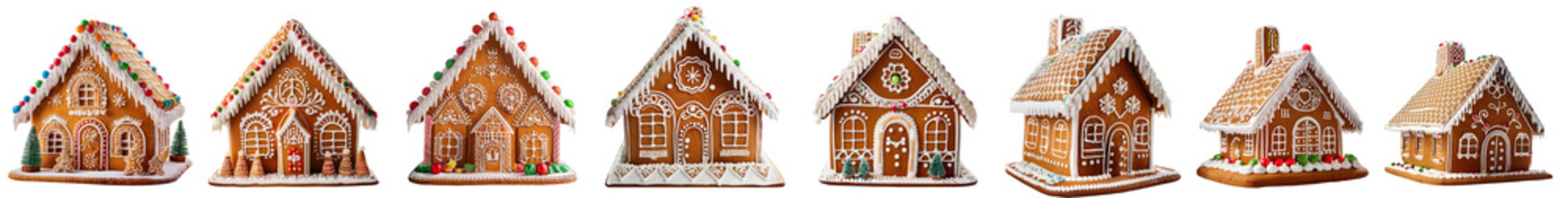 A charming collection of decorative gingerbread houses arranged in a row, showcasing festive holiday spirit.